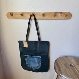 Denim Pocket Tote Bag - Dark Indigo with Light Blue Pocket
